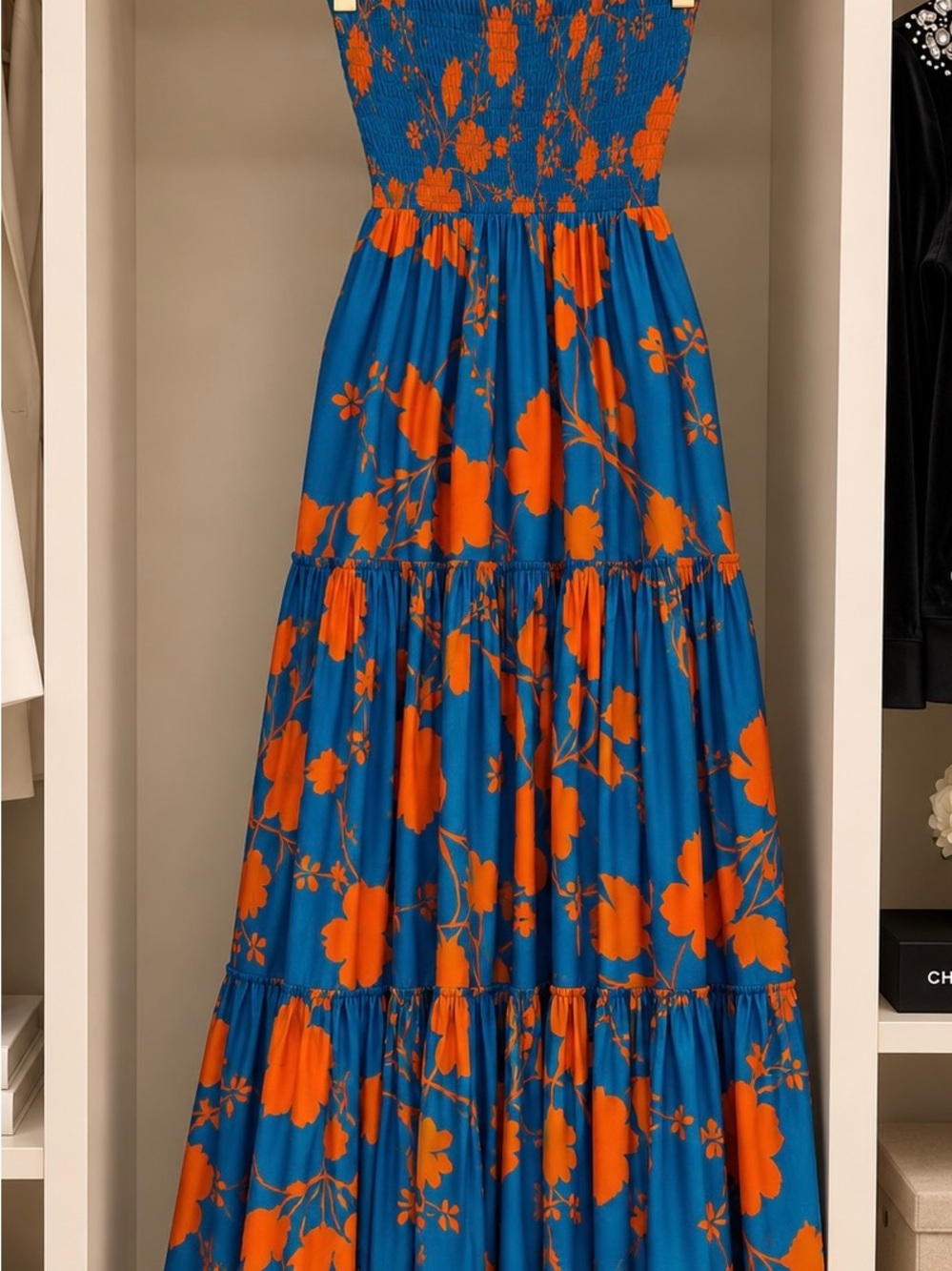 Blue & Orange Floral Tiered Maxi Dress